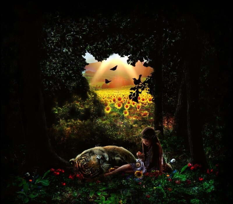 Girl with Tiger in Forest — Green