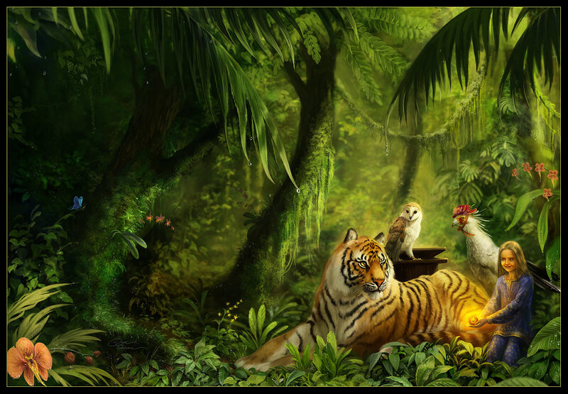 Girl with tiger in jungle