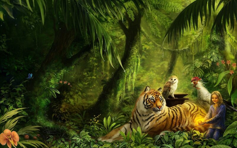 Girl with tiger in jungle