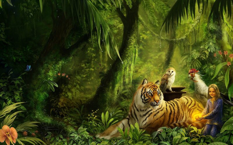 Girl with tiger in jungle