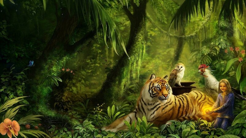 Girl with tiger in jungle