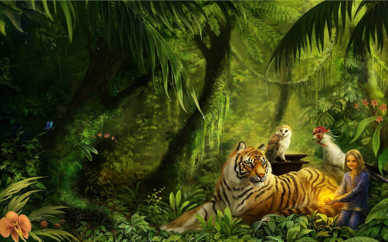 Girl with tiger in jungle