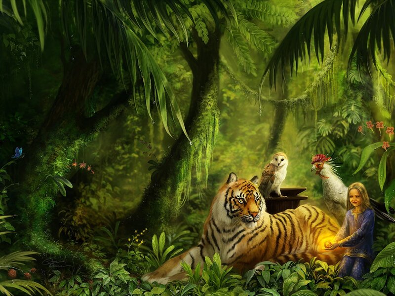 Girl with tiger in jungle
