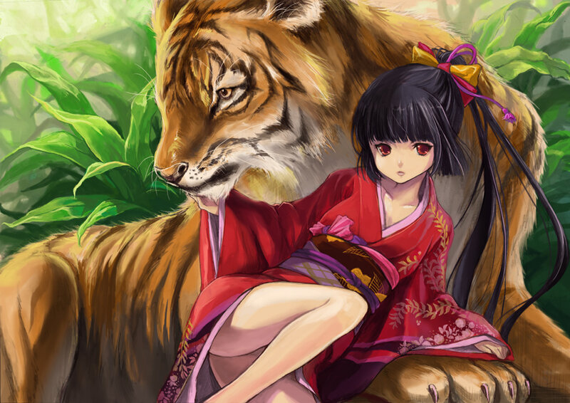girl with tiger in jungle