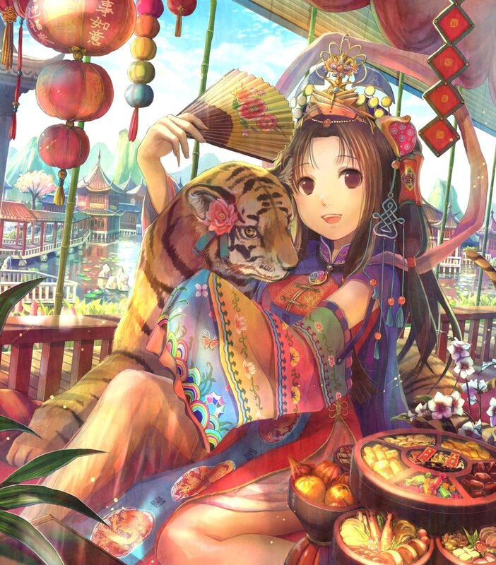 girl with tiger in traditional setting