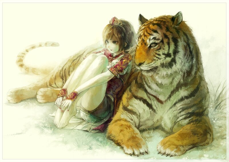 Girl with Tiger — White, Serene