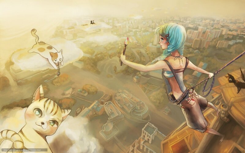 Girl with torch in sky city