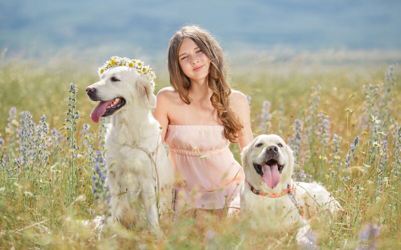 Girl with Two Dogs — White