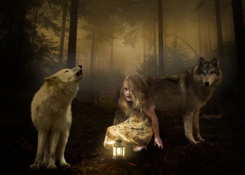 Girl with Two Wolves — Brown