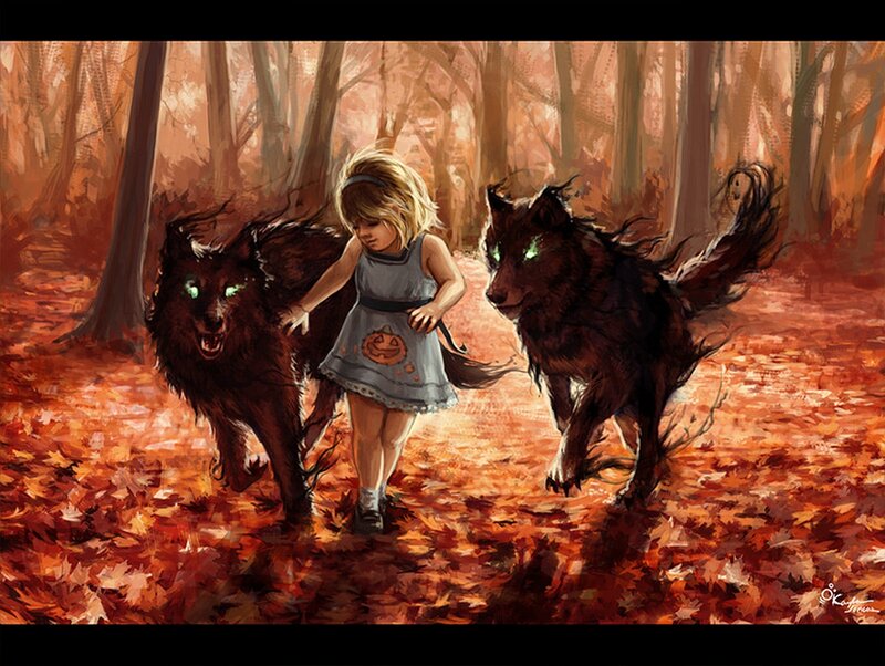 Girl with Two Wolves — Orange