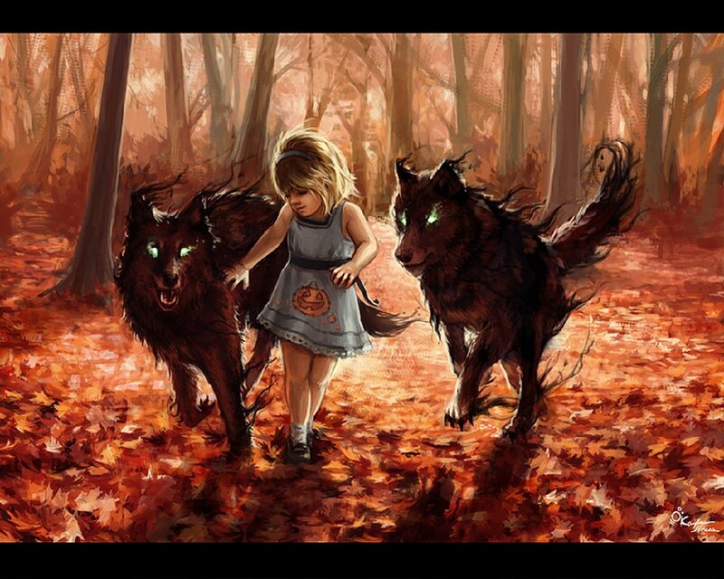 Girl with Two Wolves