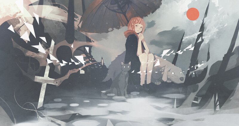 Girl with Umbrella and Animals