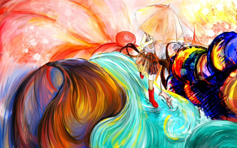 Girl with Umbrella and Cat — Blue
