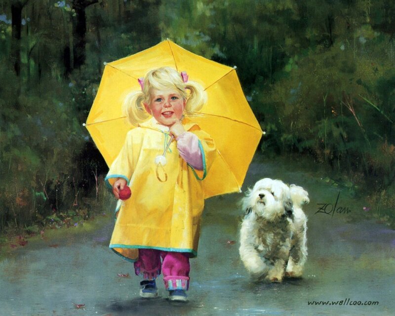 girl with umbrella and dog