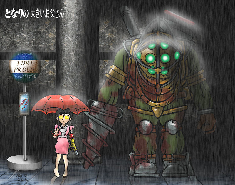 Girl with umbrella and giant robot