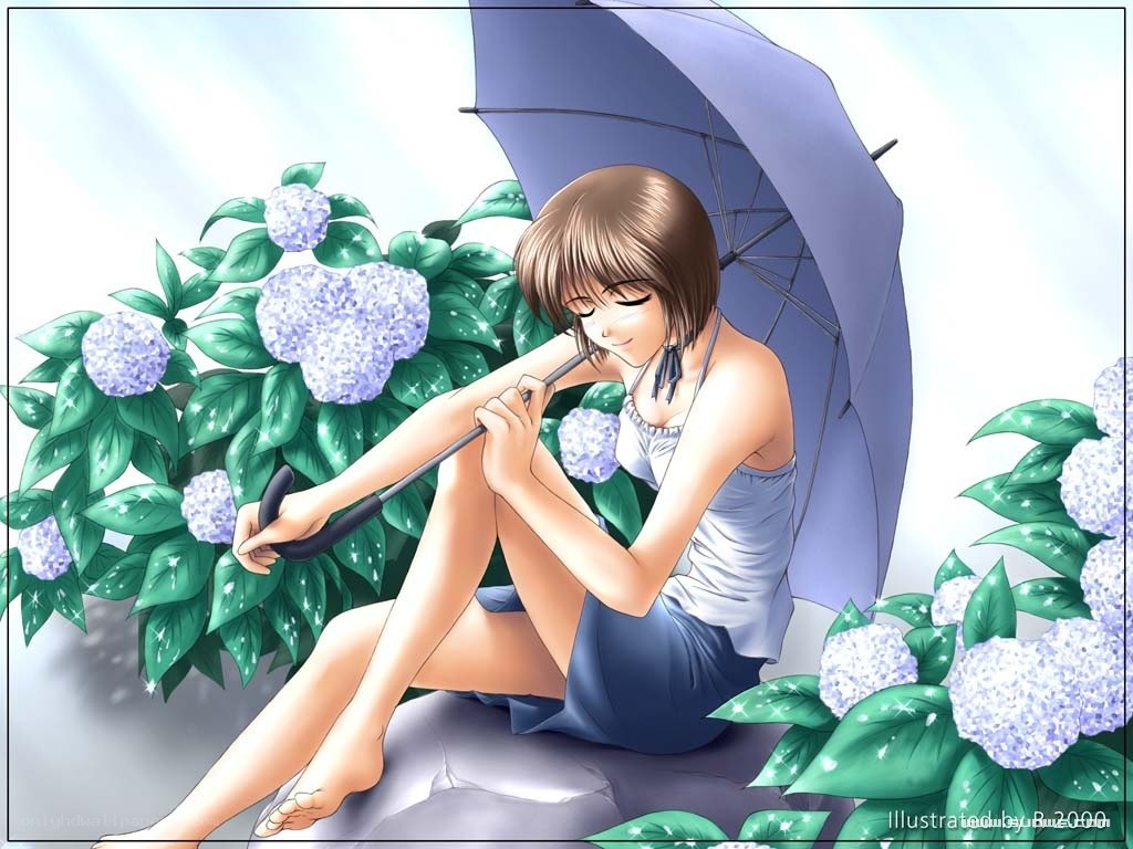 Girl with umbrella and hydrangeas