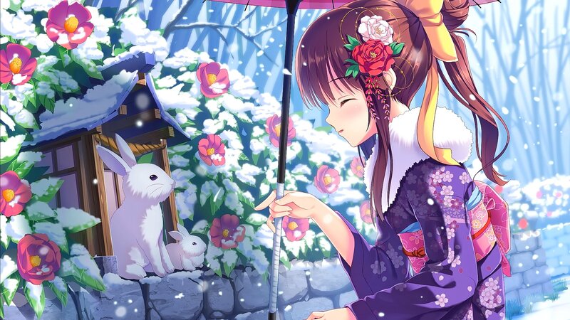 Girl with Umbrella and Rabbits — Purple