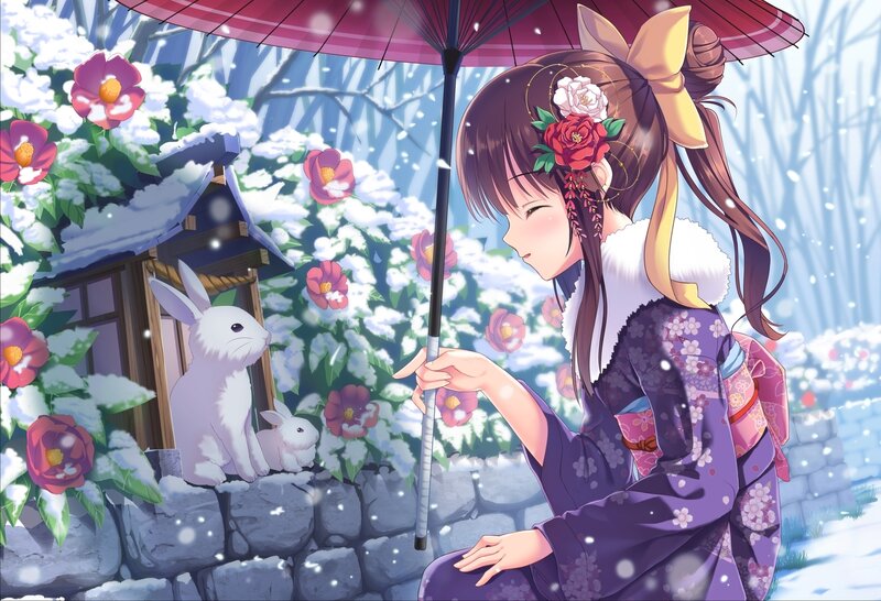 Girl with Umbrella and Rabbits