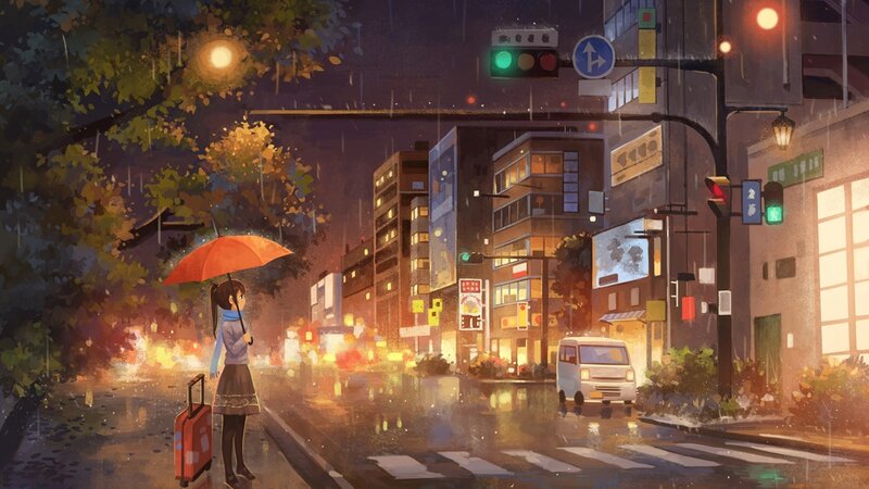 Girl with Umbrella and Suitcase
