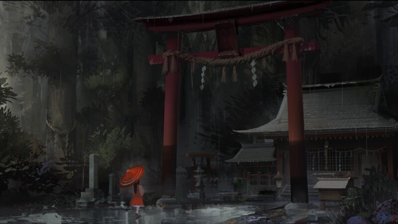 Girl with umbrella at shrine