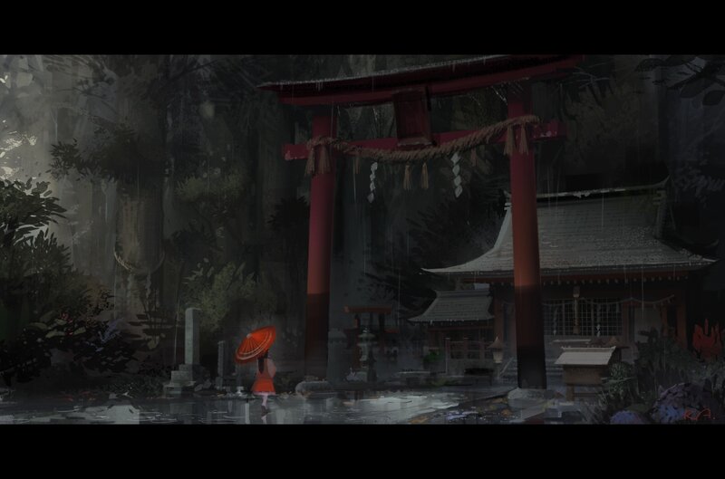 Girl with umbrella at shrine