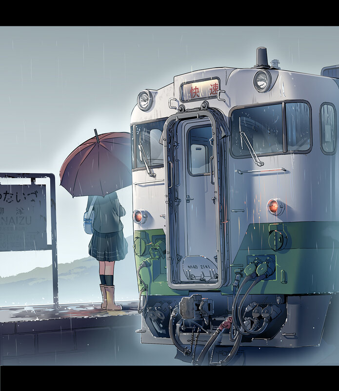 Girl with Umbrella at Train Station