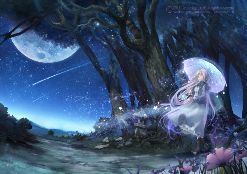Girl with Umbrella — Blue, Serene, Night