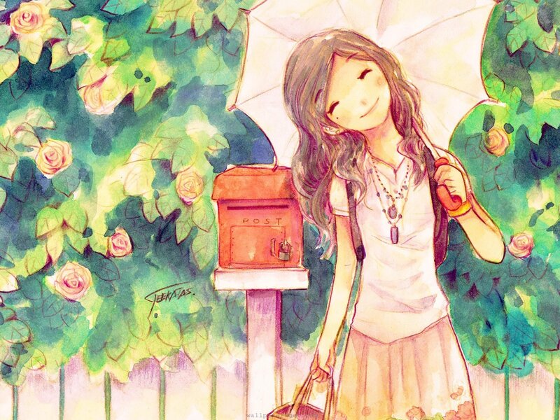 Girl with umbrella by mailbox