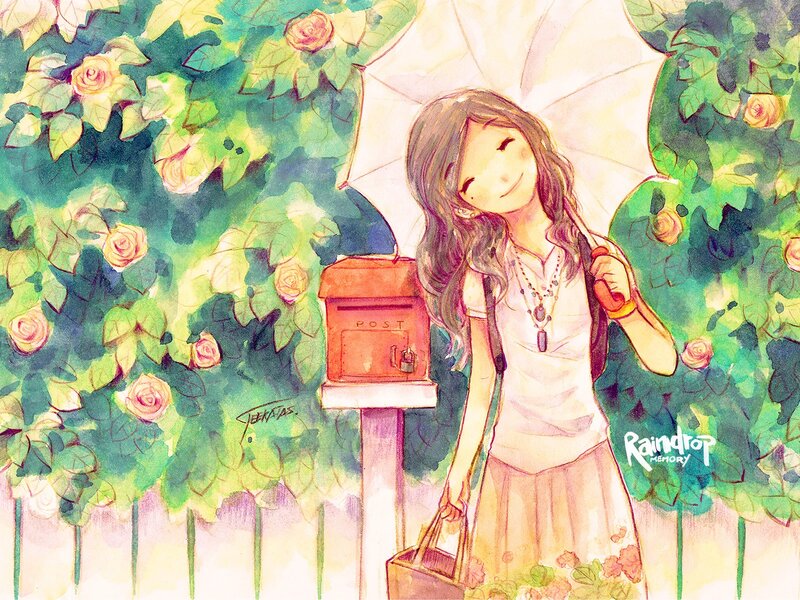 Girl with umbrella by mailbox