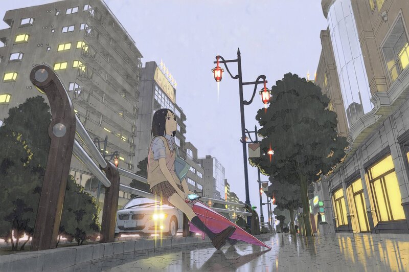 Girl with Umbrella — Gray, Rainy