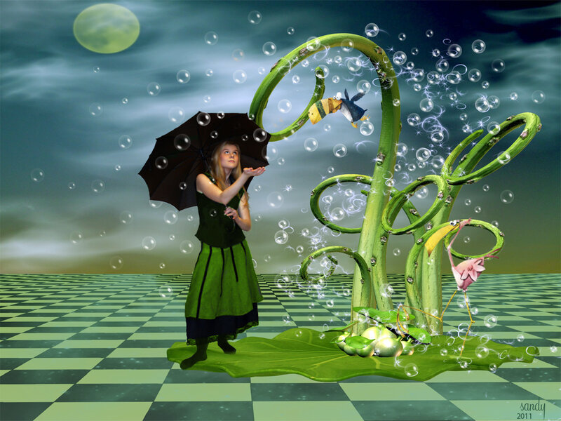 Girl with Umbrella — Green, Dreamy