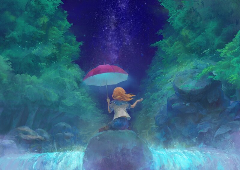 Girl with Umbrella — Green, Serene, Night