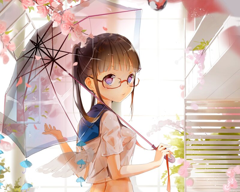 Girl with umbrella in cherry blossoms