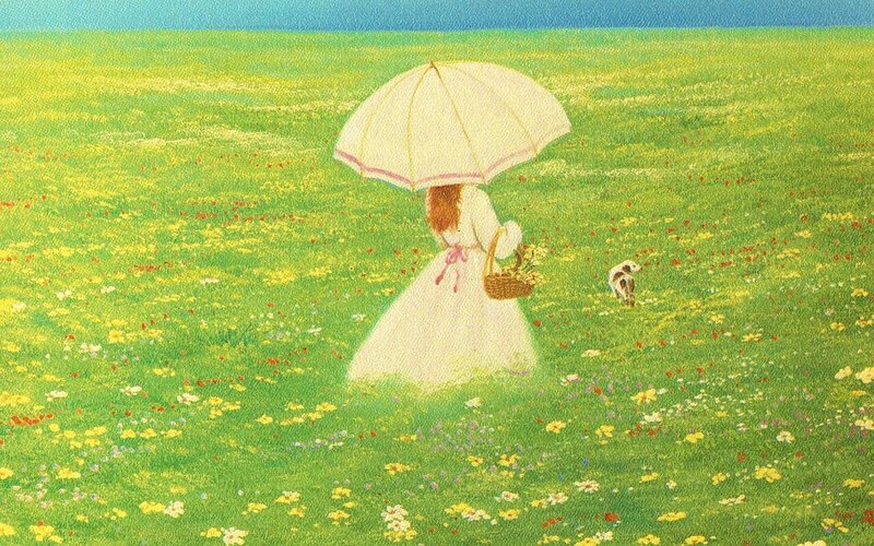 Girl with Umbrella in Field — Green