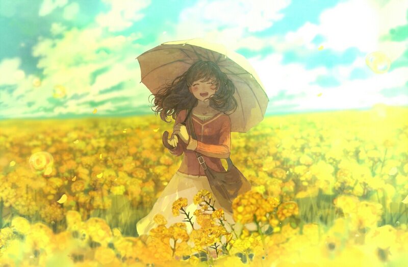 Girl with Umbrella in Field — Yellow, Serene, Afternoon