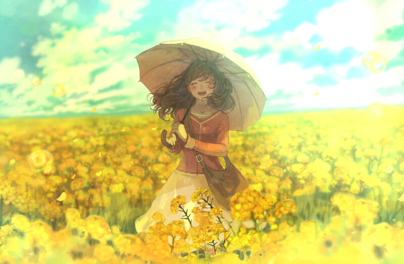 Girl with Umbrella in Field — Yellow