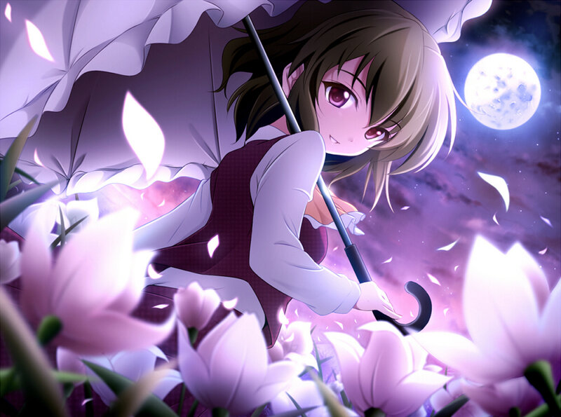 girl with umbrella in flower field