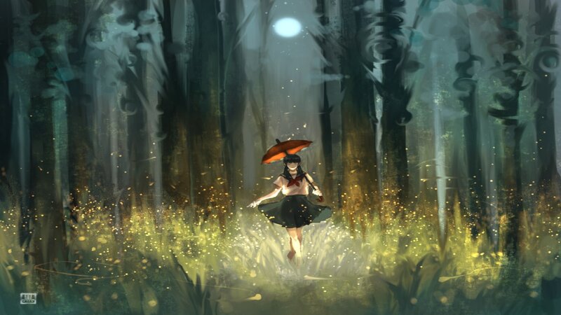 Girl with Umbrella in Forest — Green