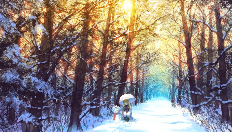 Girl with Umbrella in Forest — White