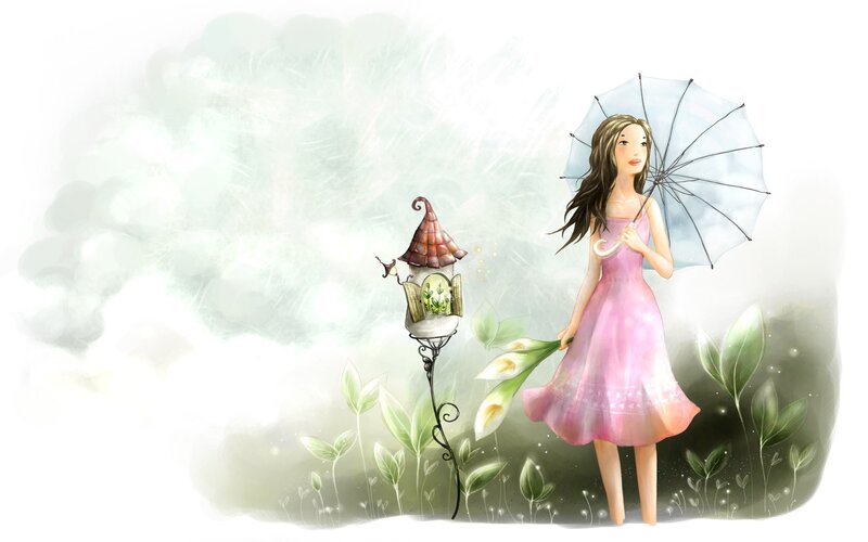 Girl with umbrella in garden