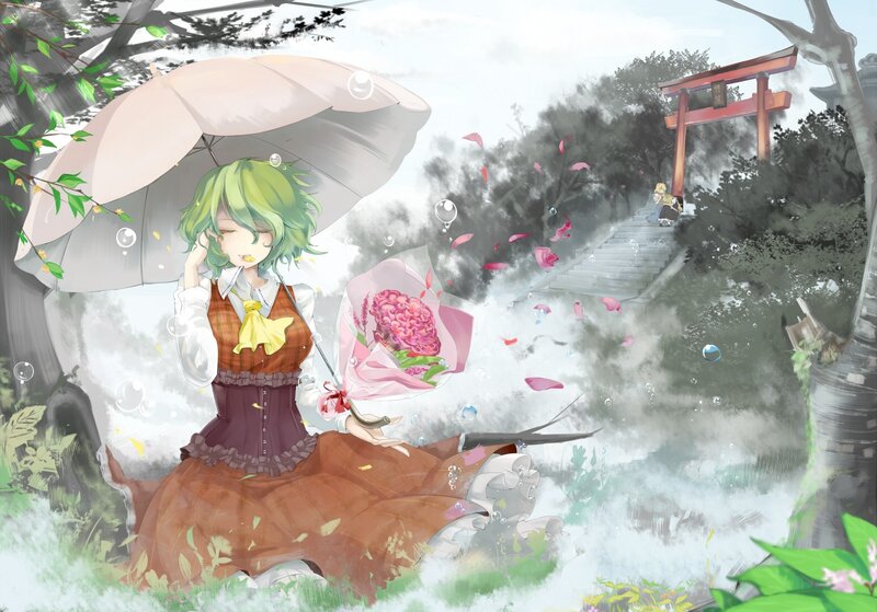 Girl with umbrella in garden
