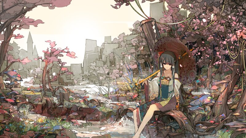 Girl with Umbrella in Garden — Pink, Serene