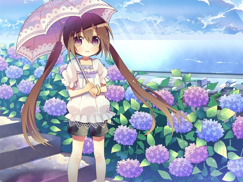 girl with umbrella in hydrangea garden