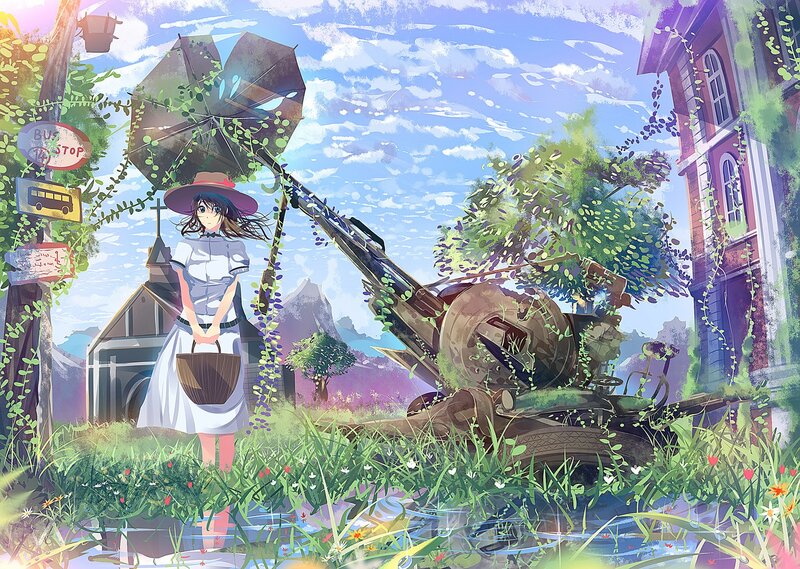 Girl with umbrella in overgrown town