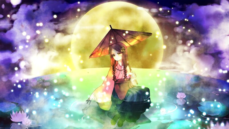 Girl with Umbrella in Pond