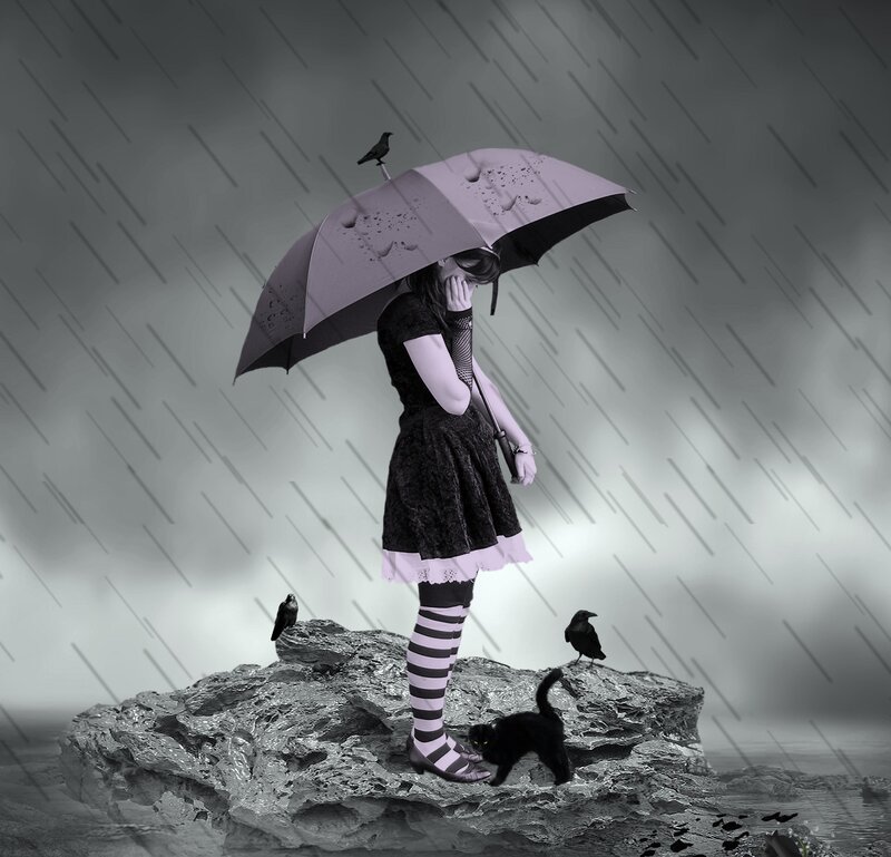 Girl with Umbrella in Rain — Black, Dramatic