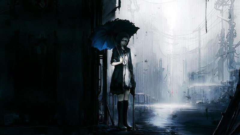 Girl with Umbrella in Rain — Black