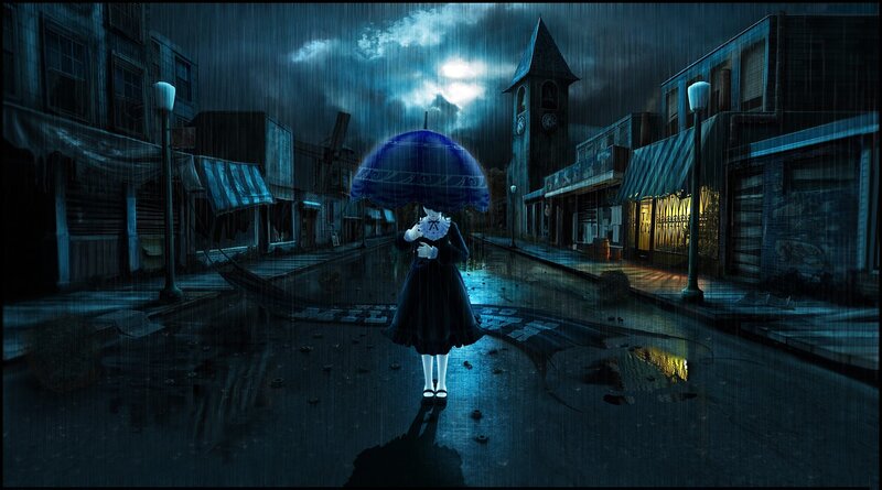 Girl with Umbrella in Rain — Blue, Dark