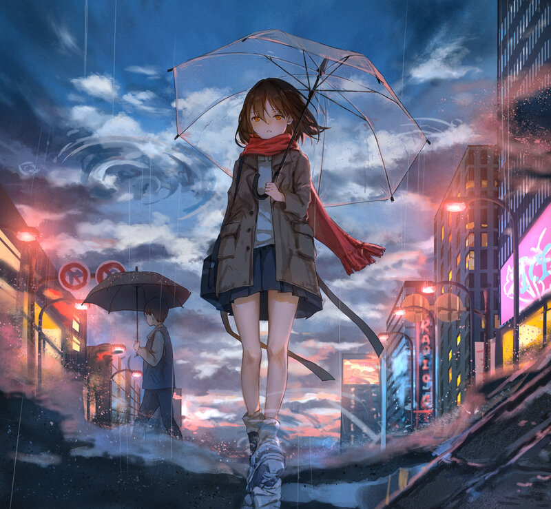 Girl with Umbrella in Rain — Blue, Dramatic