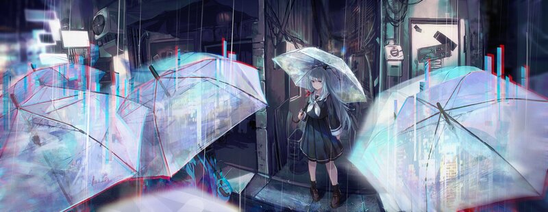Girl with Umbrella in Rain — Blue, Melancholic, Night